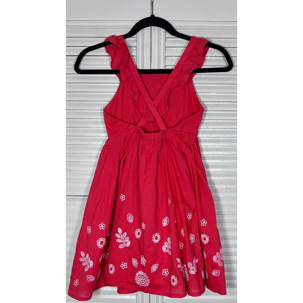 Mini Boden Floral Embroidered Dress 8-9Y Red Cross Back Ruffle‎ Summer Sundress